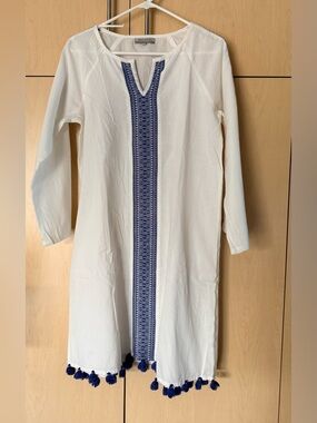 COST PLUS WORLD MARKET Off-White Tunic Dress with Blue Embroidery